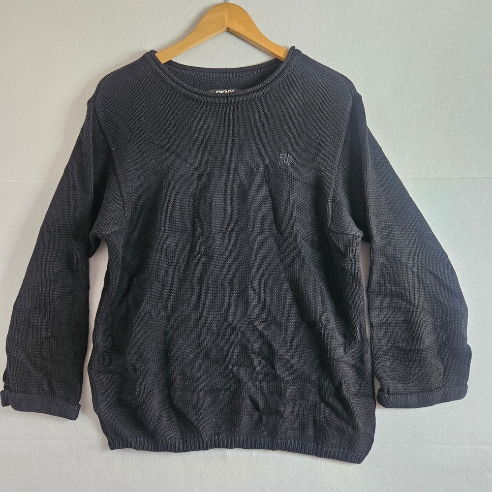 DKNY Womens Black Cotton Shaker Knit Crew Neck Sweater Large RN68596 Made in UK
